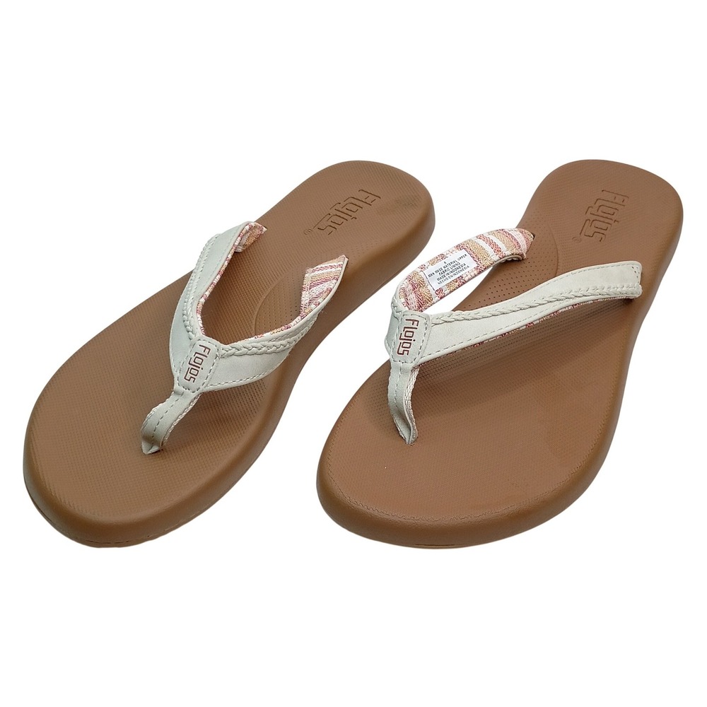 Flojos Flip Flop Women Size 8 Tan Cream Striped Braided Strap Sandals